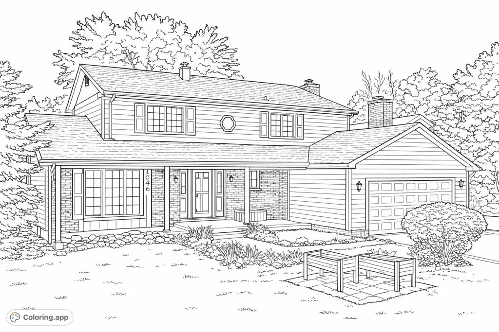 Explore a detailed suburban home coloring page featuring a two-story house with a porch, garage, and inviting garden. Perfect for architecture and home design fans.