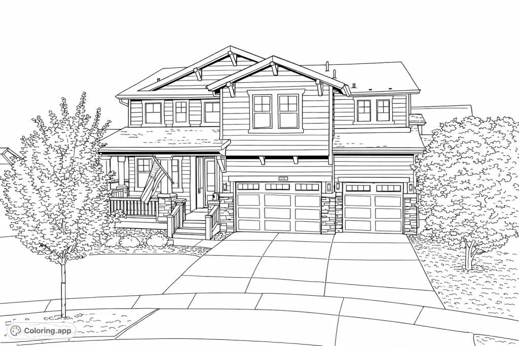 Color a detailed suburban family home with a welcoming porch and patriotic flag. Features intricate architecture, stone textures, and lush landscaping.