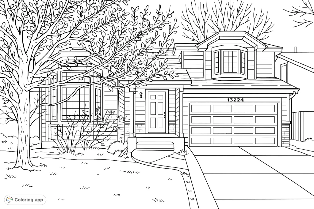 A welcoming suburban home featuring a prominent bay window, a large garage, and a stately tree, inviting imaginative coloring for all ages.