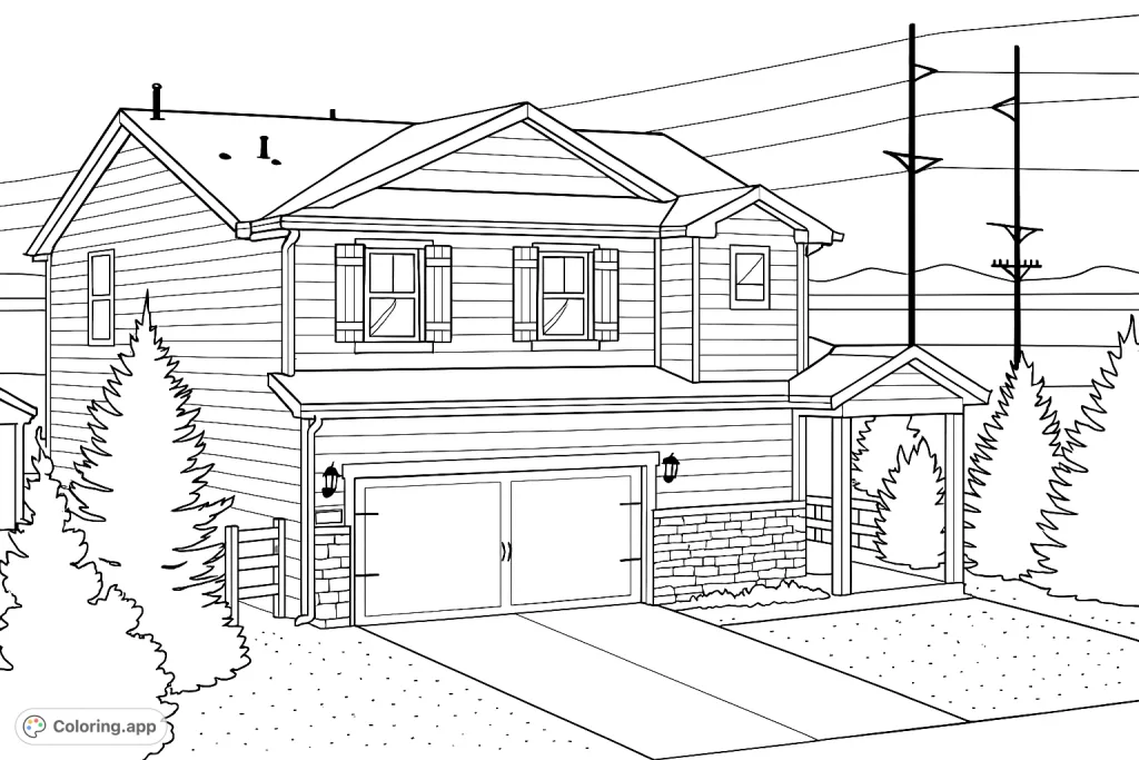 Color a charming two-story family home featuring an attached garage, inviting porch, and stone accents, set against a backdrop of open fields and distant mountains.