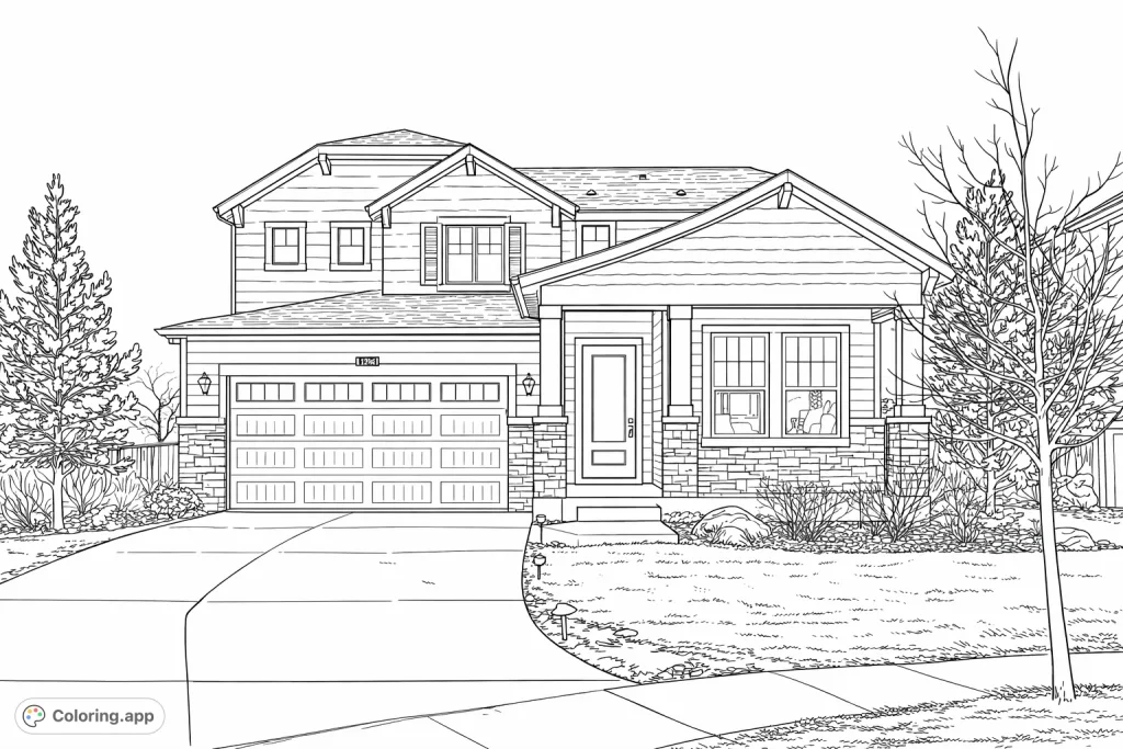 A detailed suburban home coloring page with intricate siding, stone accents, and inviting windows, set against a dynamic sky and tranquil landscape.