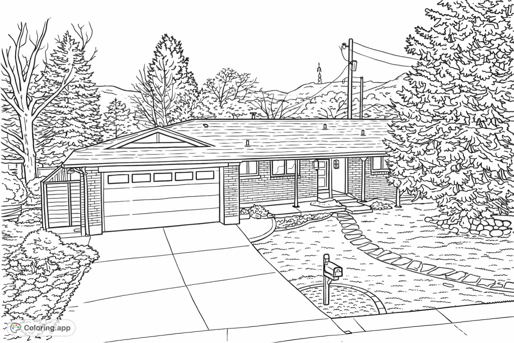 A detailed suburban house coloring page, featuring a charming residence with a garage, landscaped yard, and distant mountains. Perfect for architectural enthusiasts.
