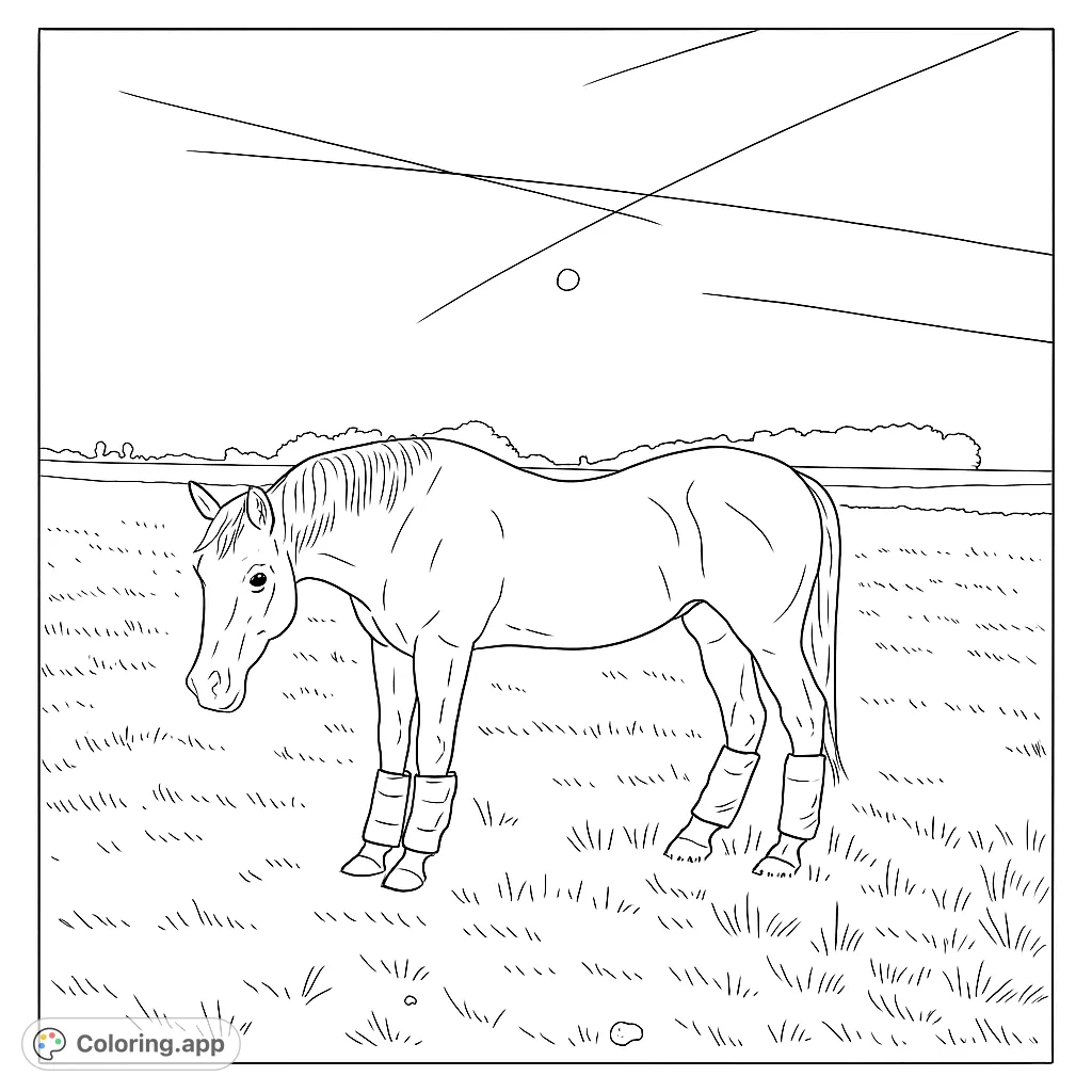 A beautiful horse with unique leg coverings stands in a peaceful field under a sky with a moon and cloud trails. Perfect for animal lovers!