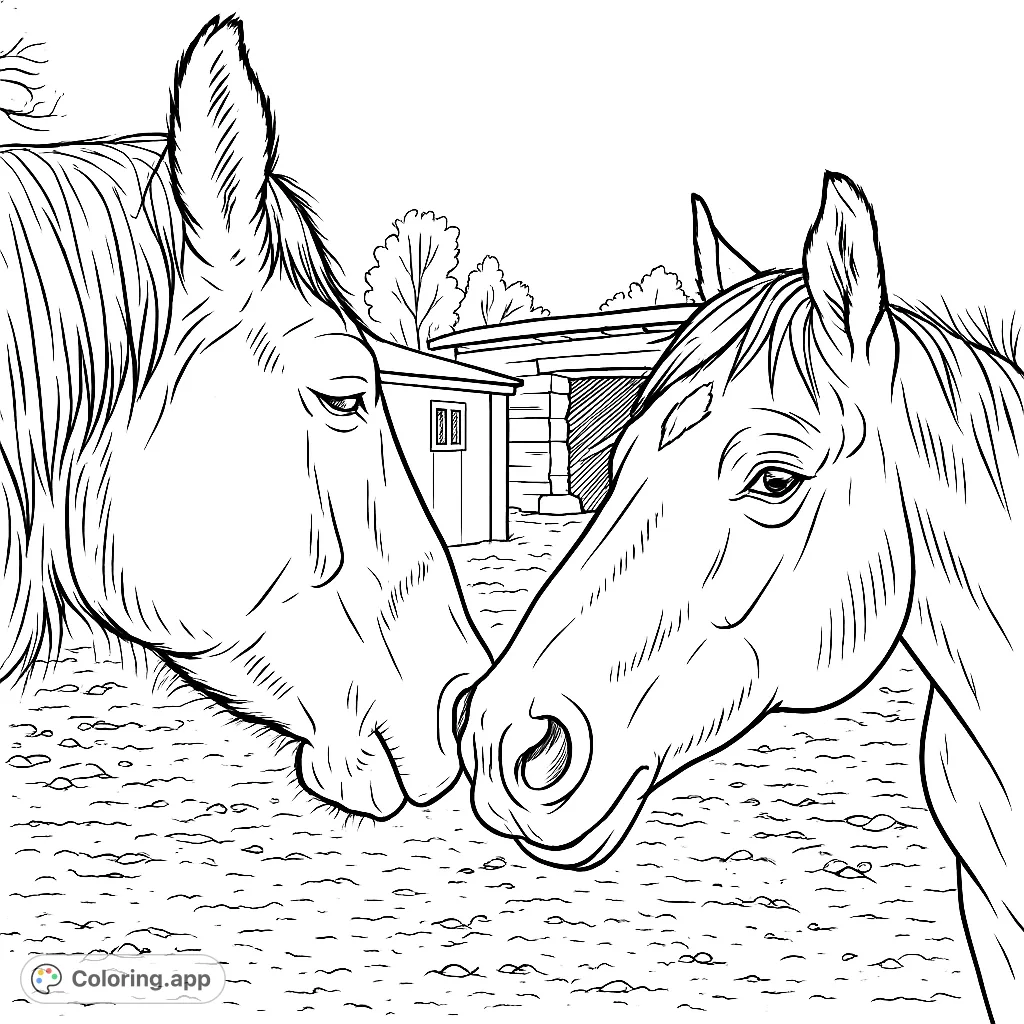 A heartwarming horse coloring page featuring two horses with muzzles touching, set against a rustic farm background. Perfect for animal lovers.