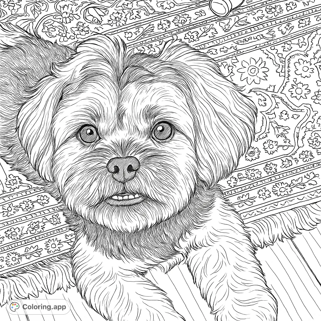 An adorable shaggy dog coloring page, perfect for pet lovers. Features a friendly canine with fluffy fur, lying on a patterned rug.