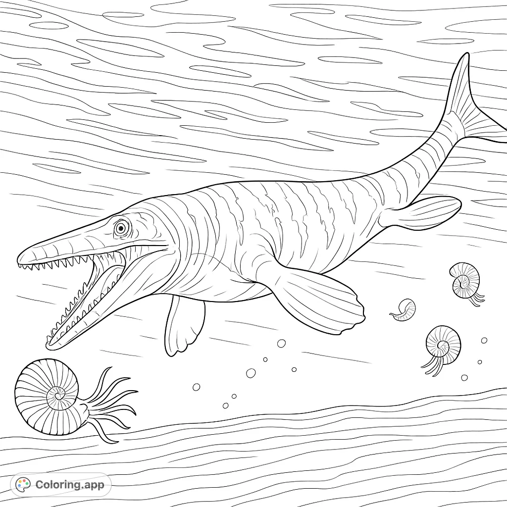 Dive into the ancient seas with this Mosasaur coloring page, featuring a powerful marine reptile and intricate ammonites in a detailed underwater scene.