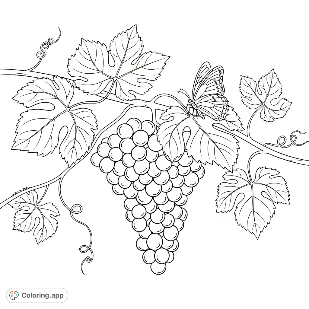 A beautiful grape bunch on a winding vine, accompanied by a delicate butterfly. A delightful nature-themed coloring page for all ages.