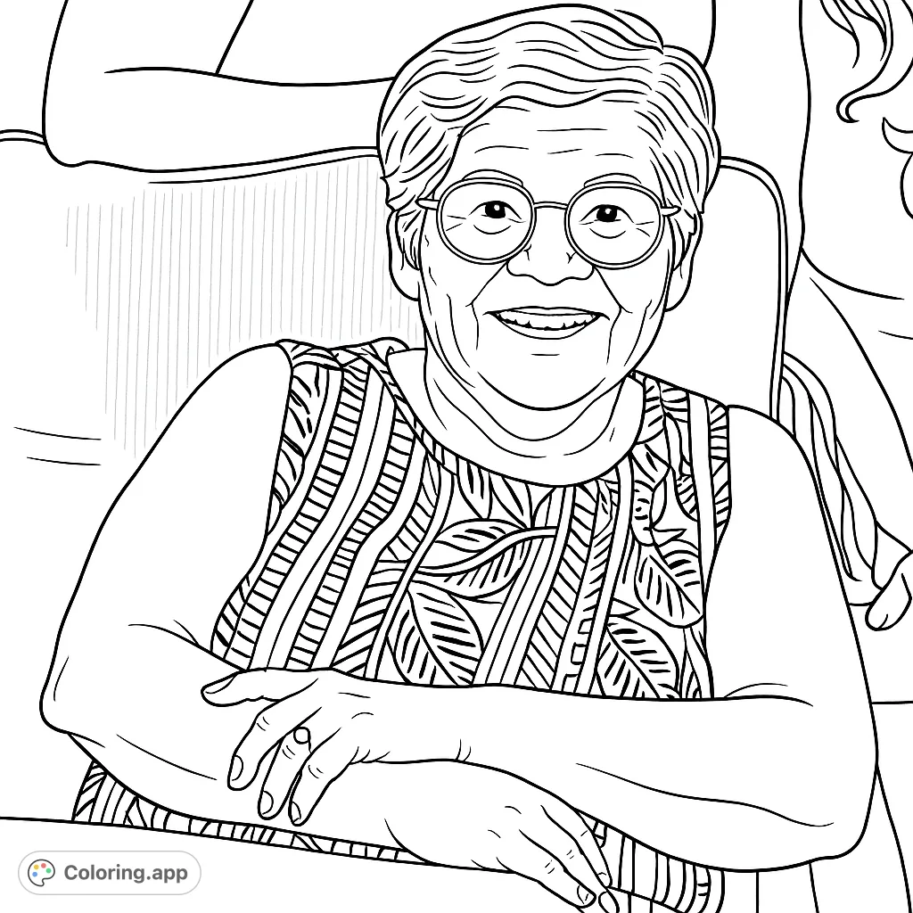 A warm portrait of a smiling woman with glasses and a patterned top, perfect for a thoughtful coloring experience.
