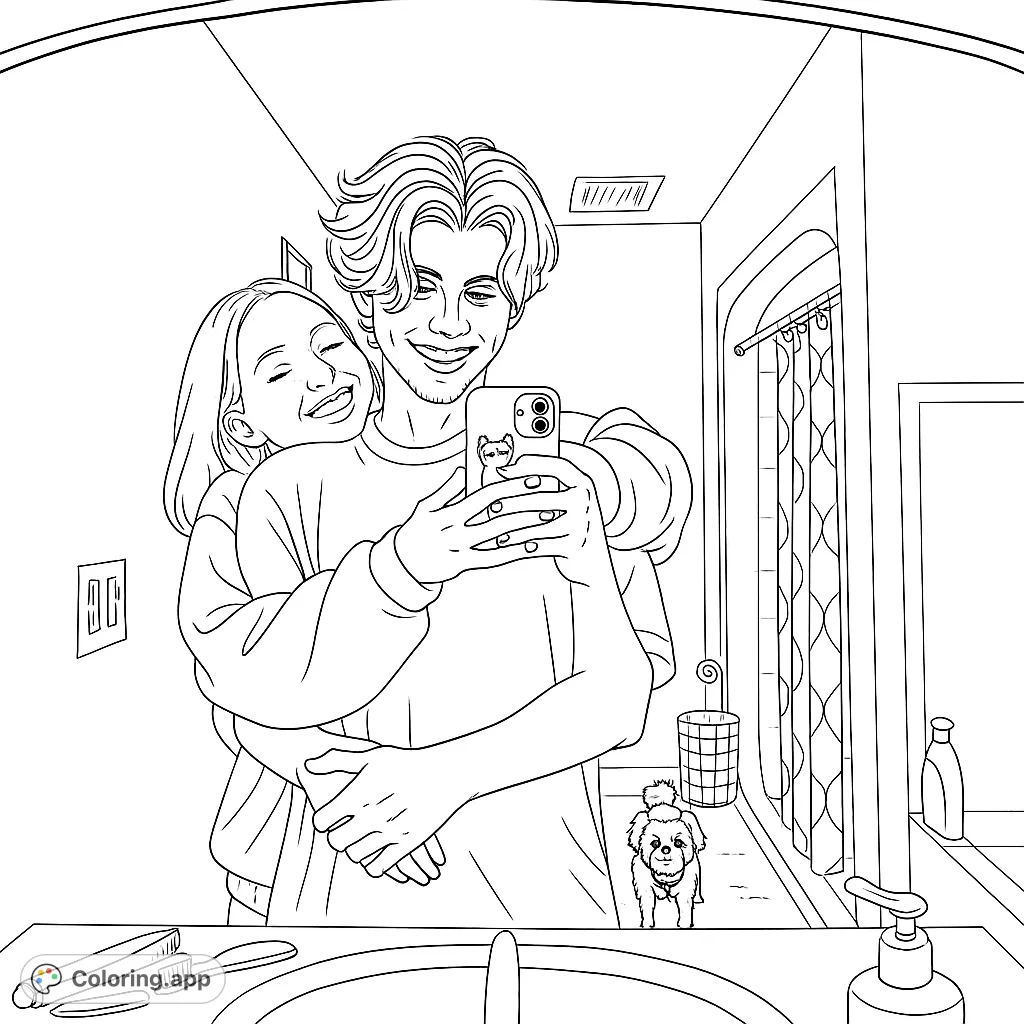 Capture a heartwarming moment of a couple embracing in a mirror, with their small dog nearby. A sweet scene perfect for expressing love and connection.