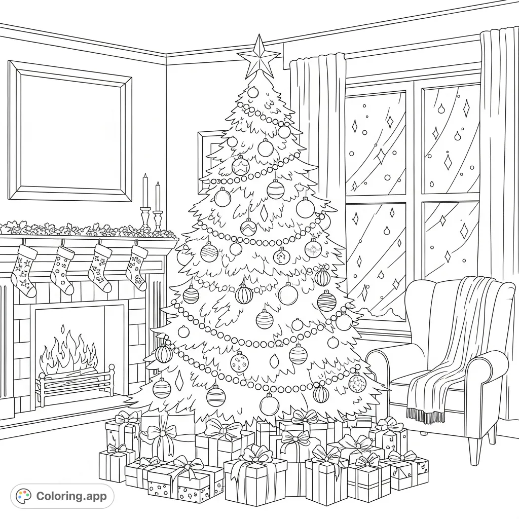 Immerse yourself in holiday cheer with this detailed Christmas tree coloring page, featuring presents, a crackling fireplace, and falling snow.