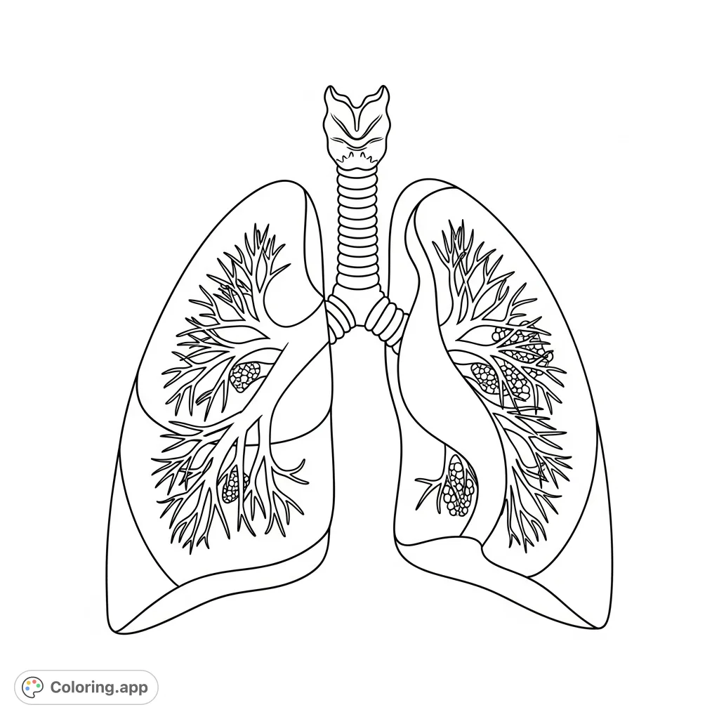 Explore the intricate details of human lungs with this anatomical coloring page. Perfect for learning and relaxation, featuring trachea, bronchi, and alveoli.