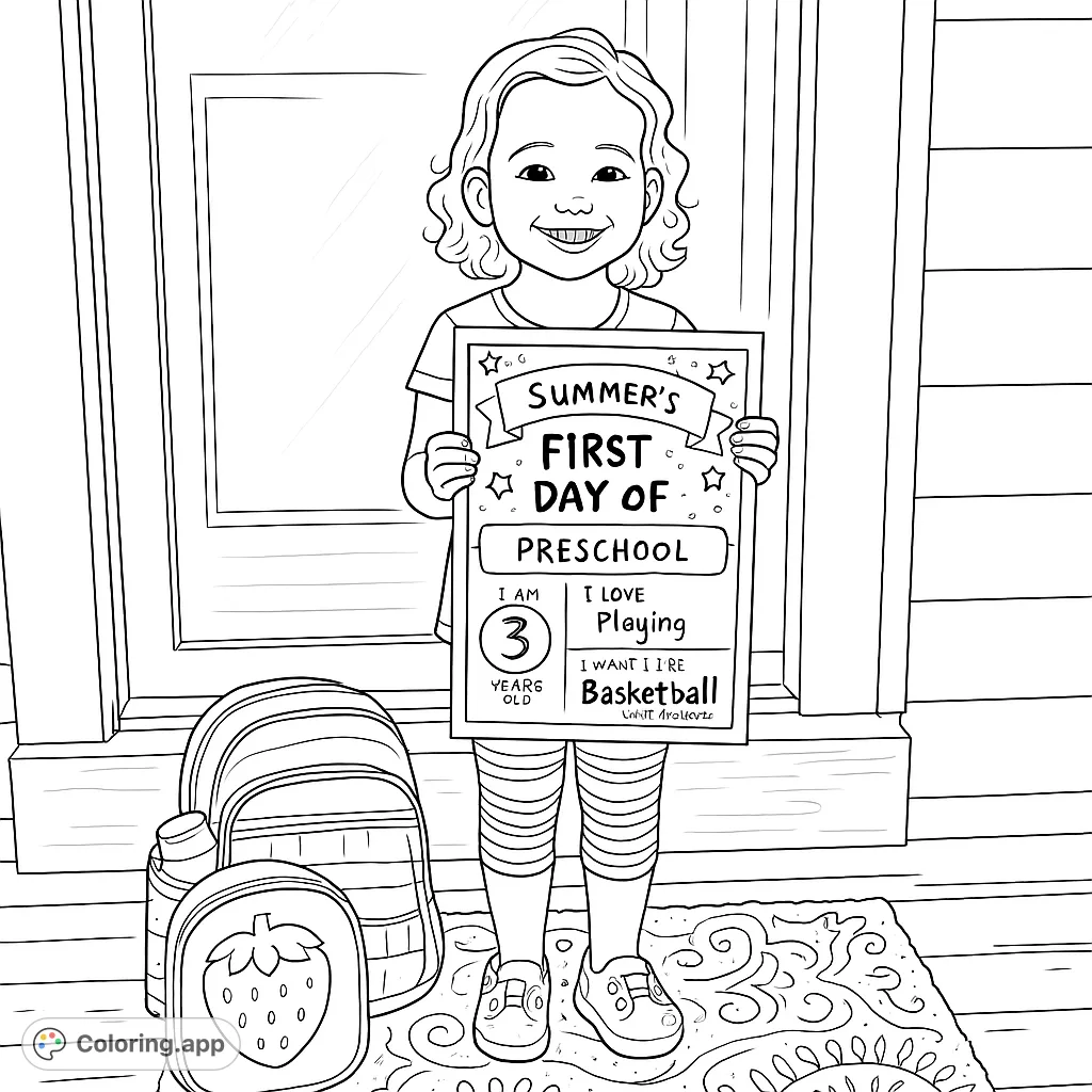 Celebrate a child's first day of preschool with this heartwarming coloring page featuring a smiling child, school supplies, and a special sign.