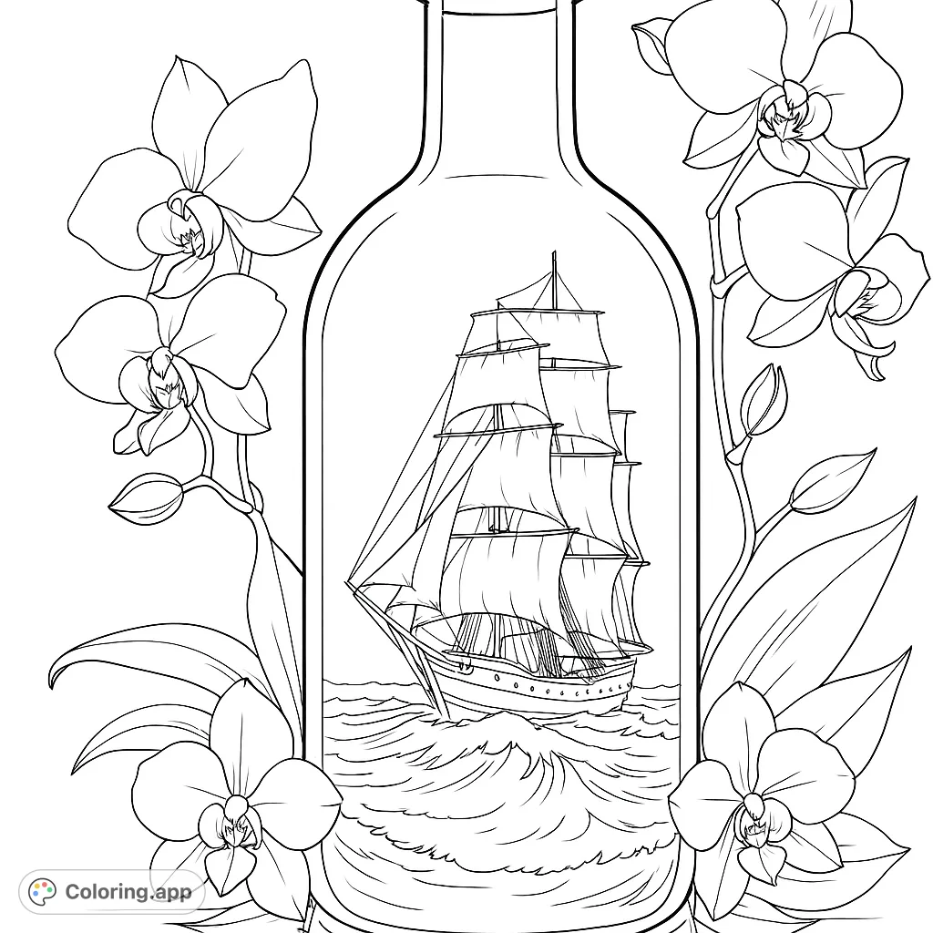 A majestic tall ship sails within a glass bottle, framed by elegant orchids and lush foliage. A captivating scene for creative coloring.