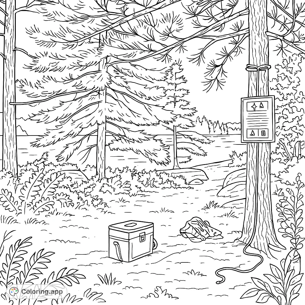 Explore a serene lakeside campsite coloring page, featuring tall trees, a calm lake, and camping gear, perfect for nature enthusiasts.