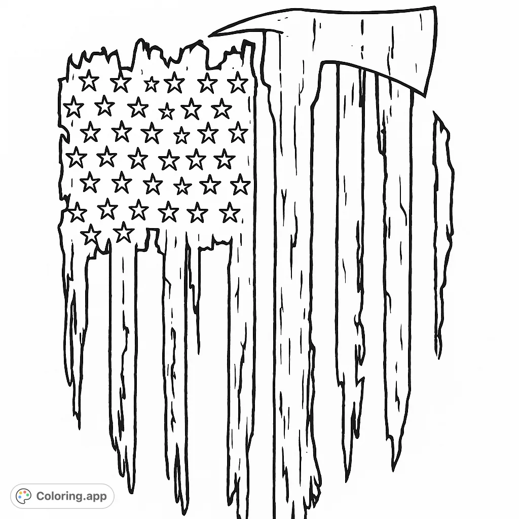 Honor first responders with this distressed flag and firefighter axe design. A powerful symbol of courage and service, perfect for patriotic coloring.