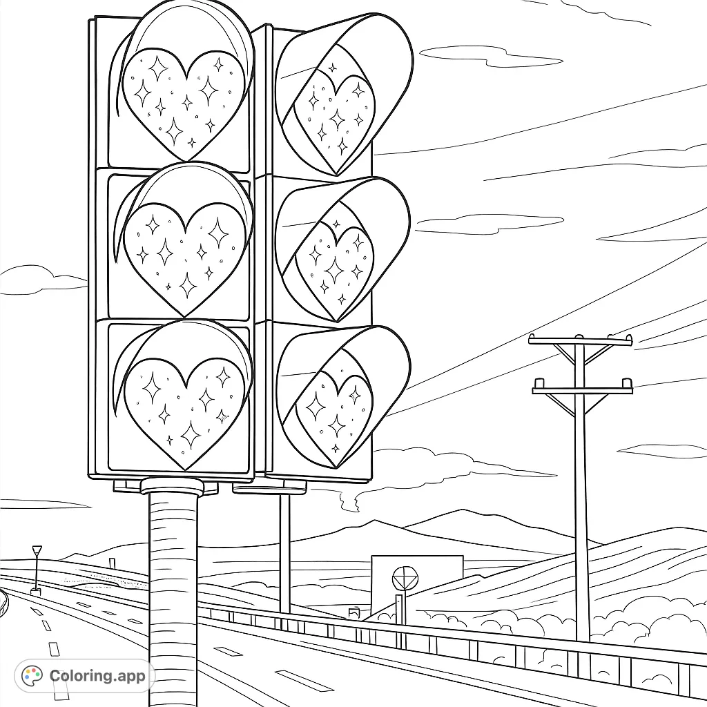 A unique traffic light with heart-shaped signals stands against a scenic backdrop of mountains and a vast sky, offering a charming coloring experience.