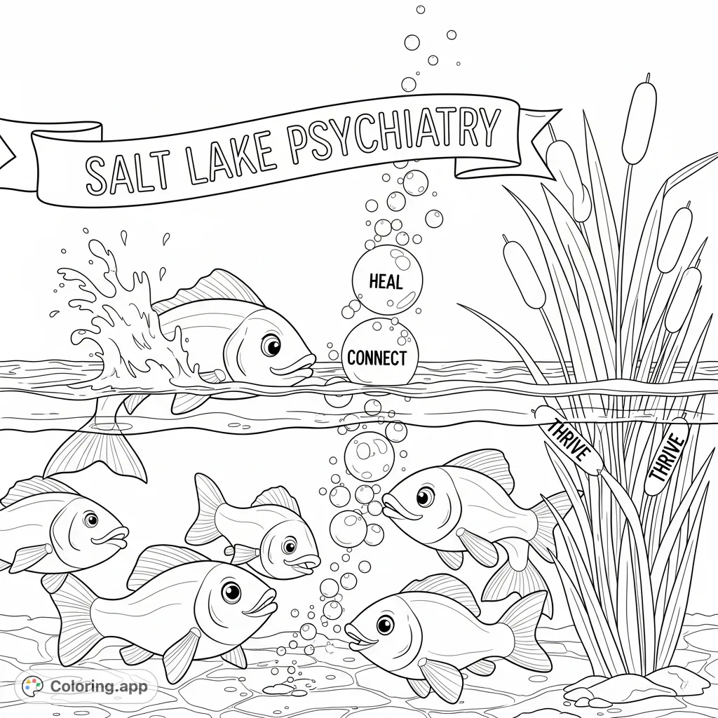 Explore a serene lake scene featuring stylized fish, rising bubbles, and cattails, all adorned with uplifting words "Heal," "Connect," and "Thrive."