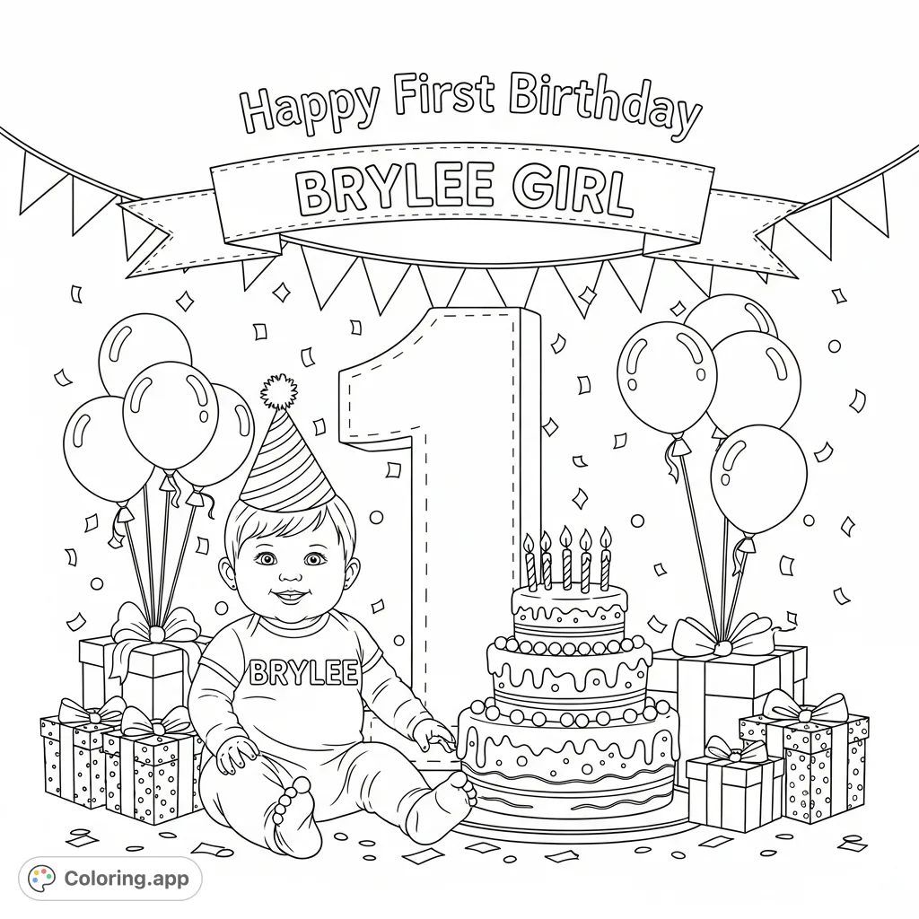 Celebrate BRYLEE GIRL's first birthday with this adorable coloring page featuring a cheerful baby, a big '1', cake, balloons, and a festive banner.