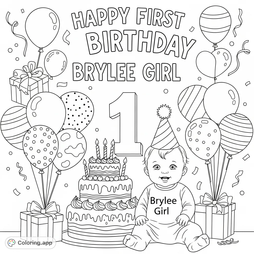 Celebrate Brylee Girl's first birthday with this festive coloring page! Features a baby, cake, balloons, and the special message 'HAPPY FIRST BIRTHDAY BRYLEE GIRL'.