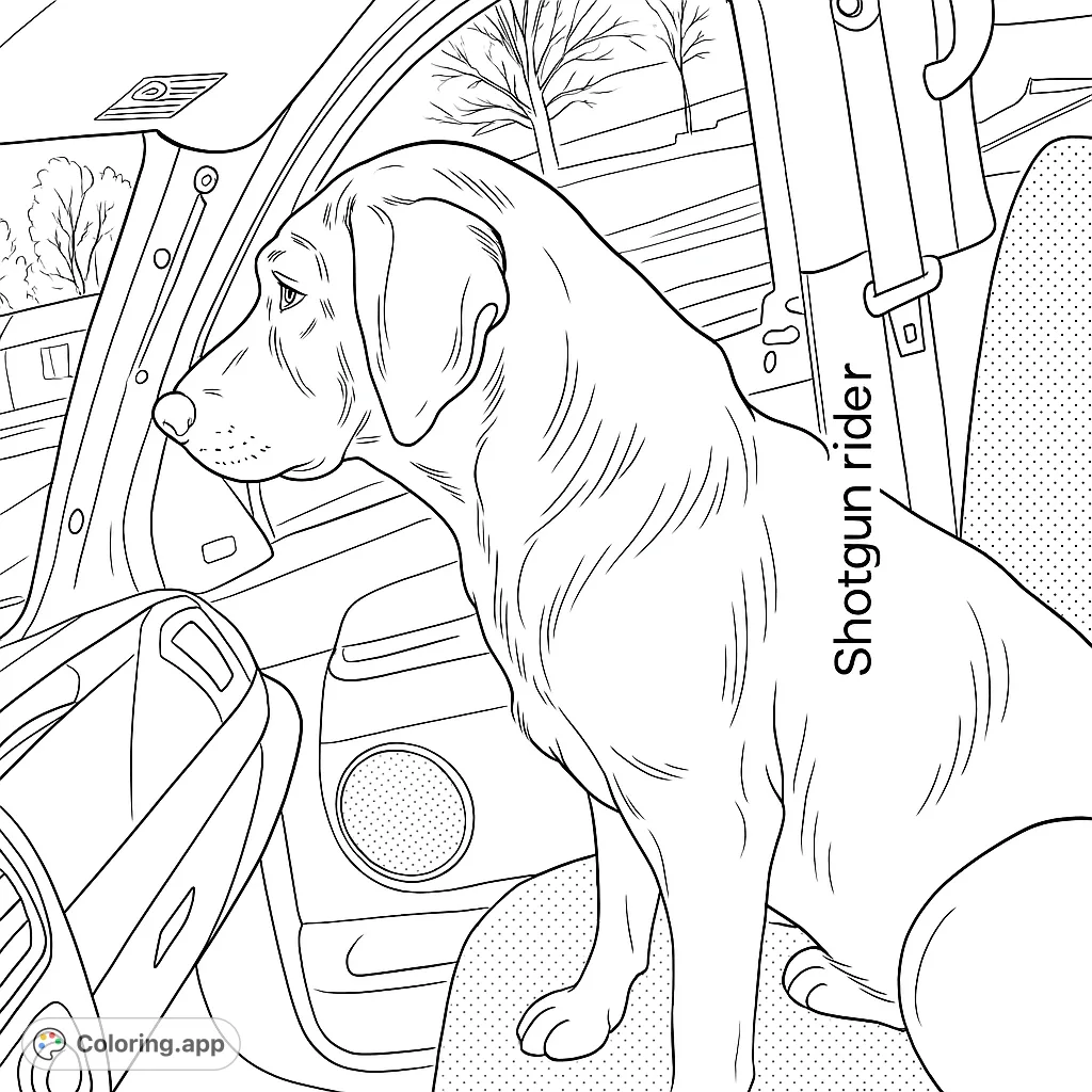 A loyal canine companion enjoys a car ride, gazing out the window. Perfect for dog lovers and travel enthusiasts seeking a fun, engaging coloring experience.
