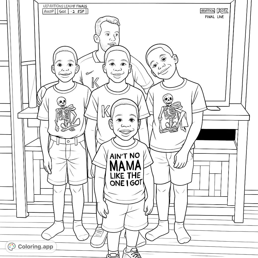 A heartwarming coloring page featuring five smiling boys gathered in front of a TV, perfect for celebrating family, friendship, and shared moments.