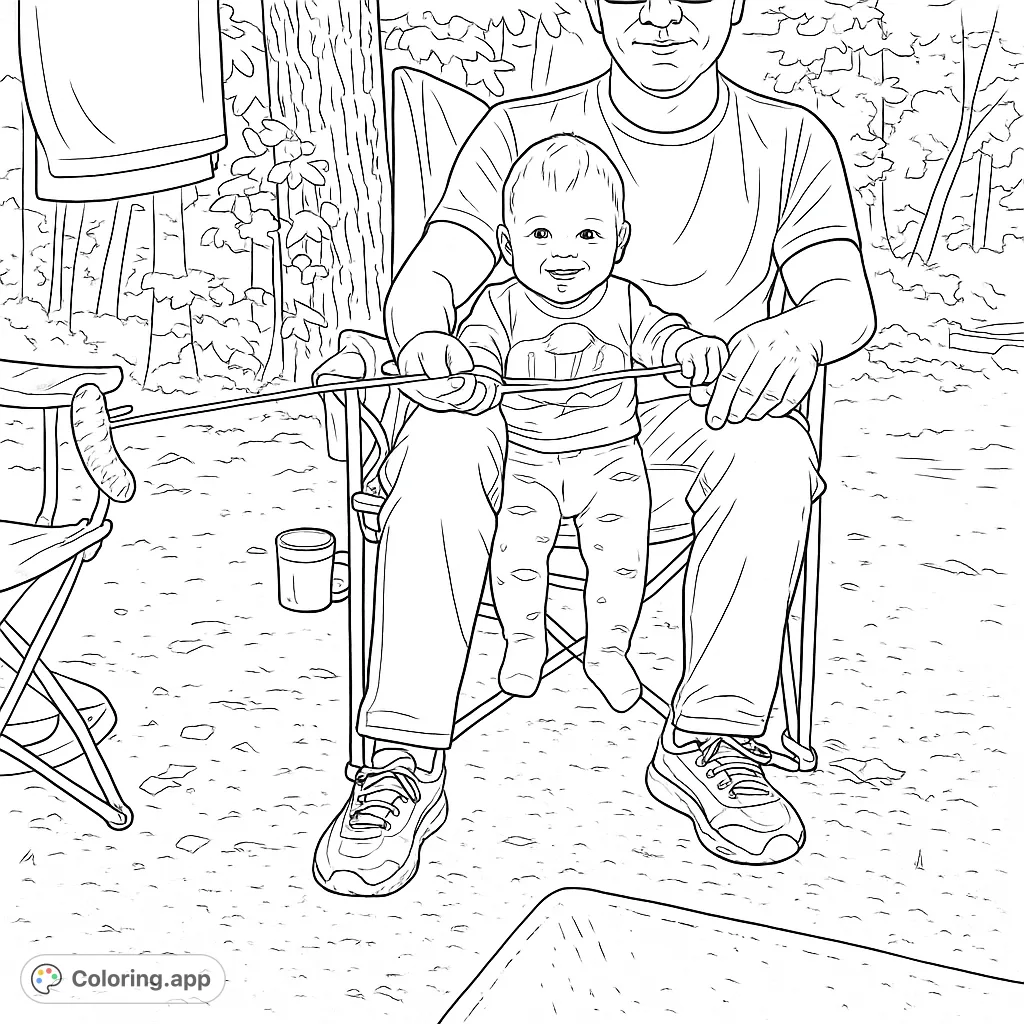 A heartwarming camping scene featuring a dad and baby roasting food on a skewer amidst a serene forest. Perfect for family-themed coloring.