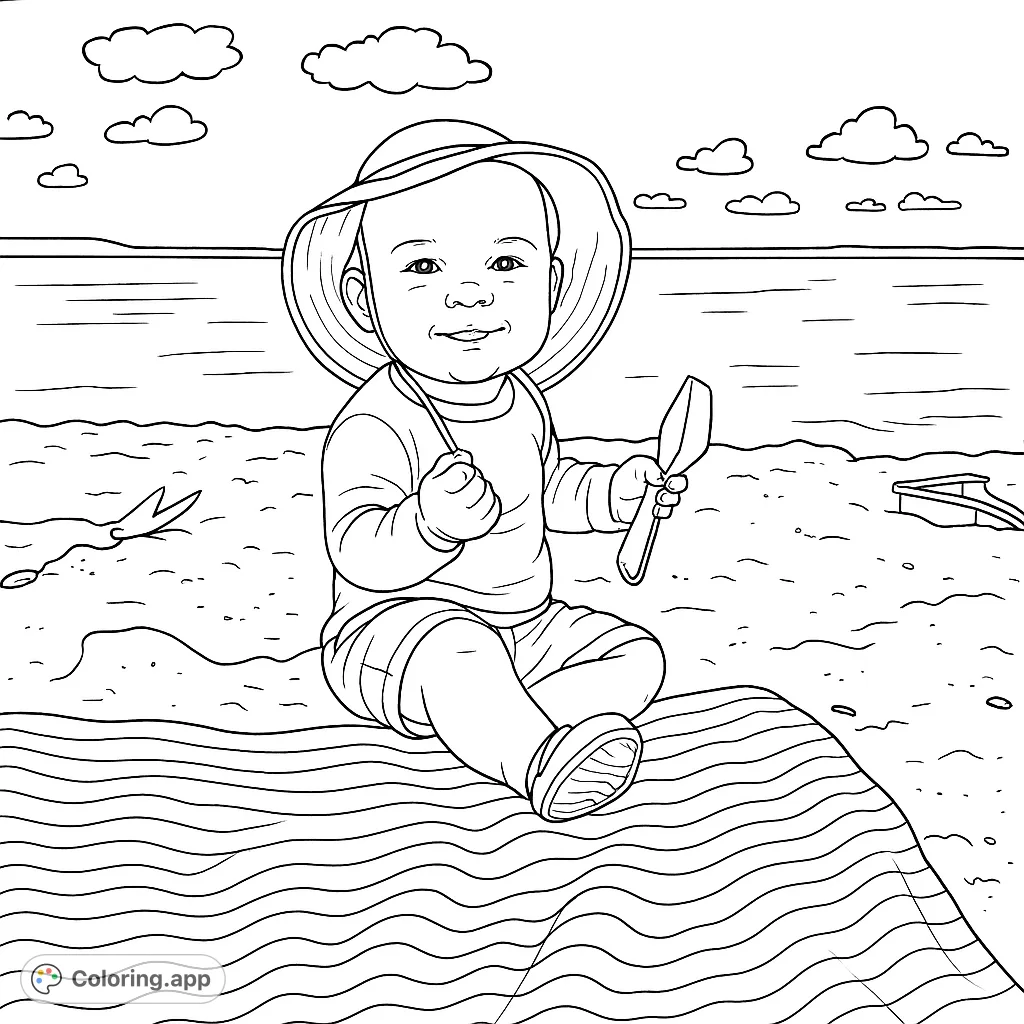 A delightful coloring page featuring a happy child playing on a sandy beach with a shovel and beach toys, perfect for a sunny day adventure.