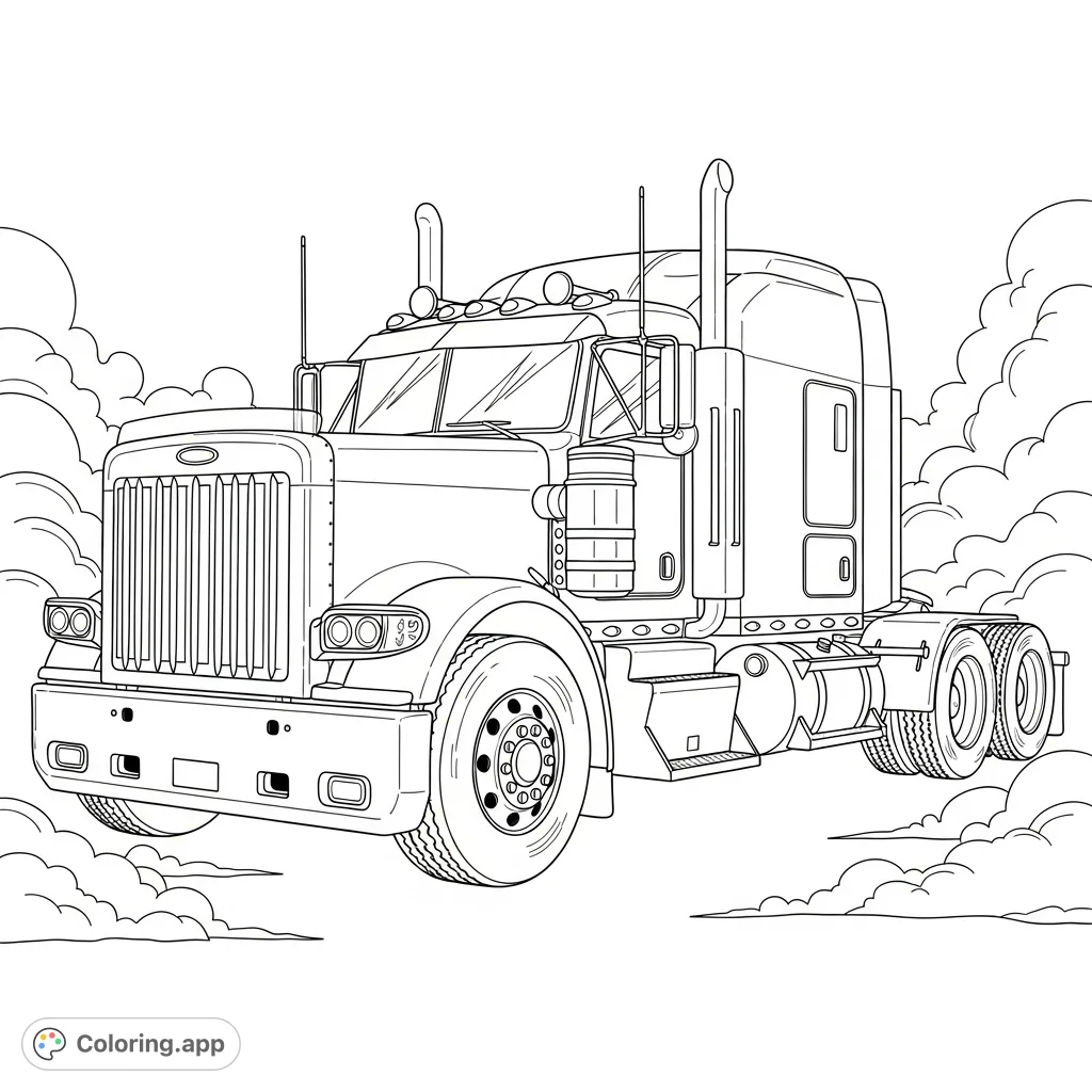 Color a powerful semi-truck emerging from swirling clouds, featuring a detailed grille, stacked headlights, and towering exhaust stacks. Perfect for vehicle enthusiasts.