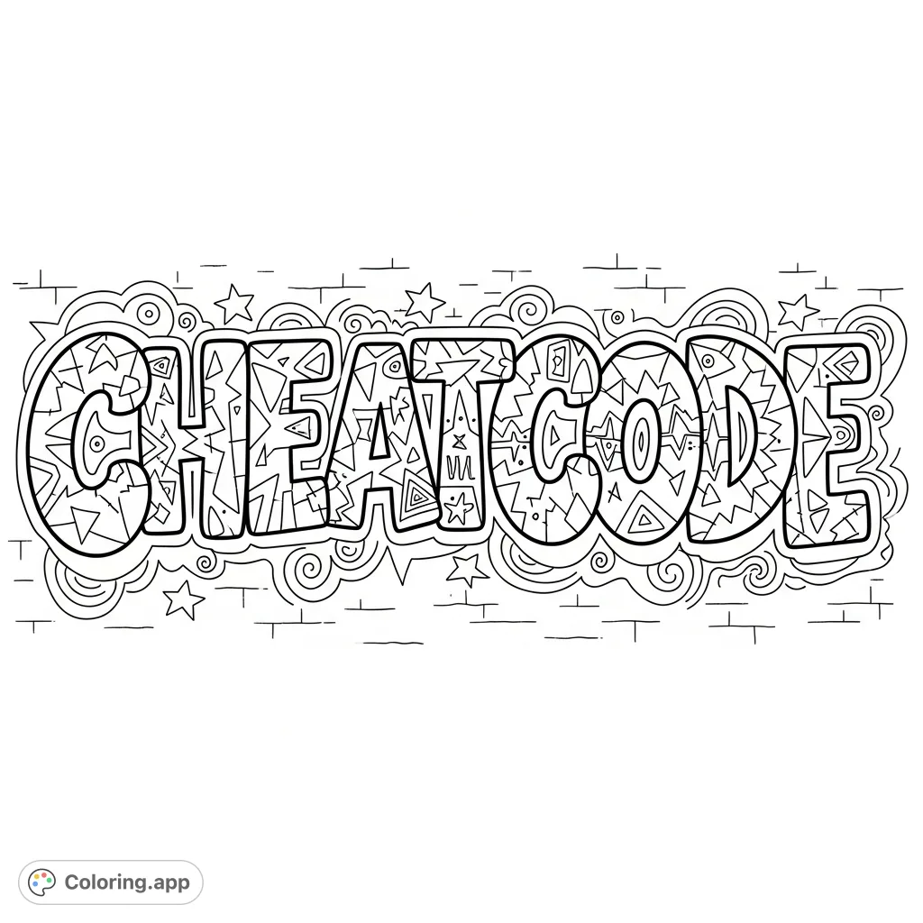 Dive into urban art with this dynamic bubble graffiti CHEATCODE design. Features bold, rounded letters filled with geometric patterns and asymmetrical details for a vibrant challenge.