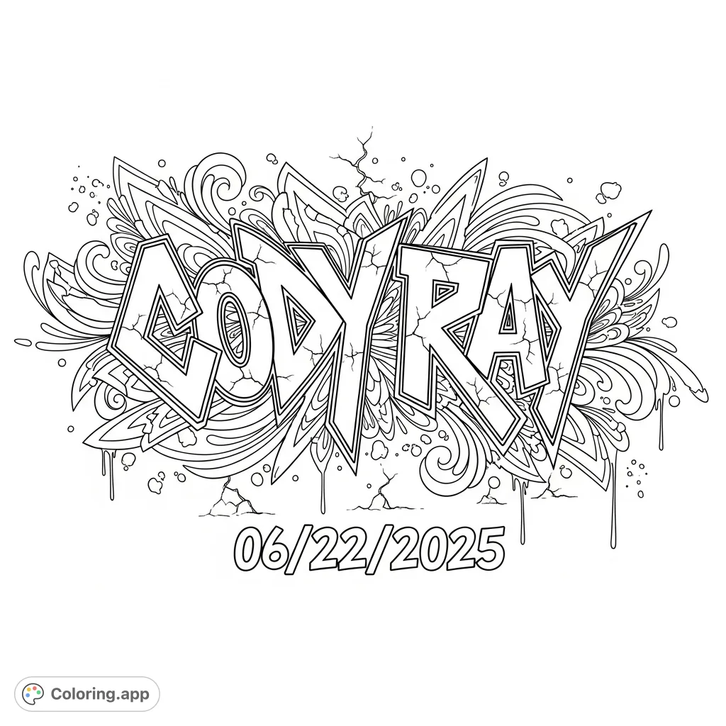A detailed graffiti-style tribute featuring 'Cody Ray' and '06/22/2025' with intricate urban textures and dynamic flourishes, perfect for reflective coloring.
