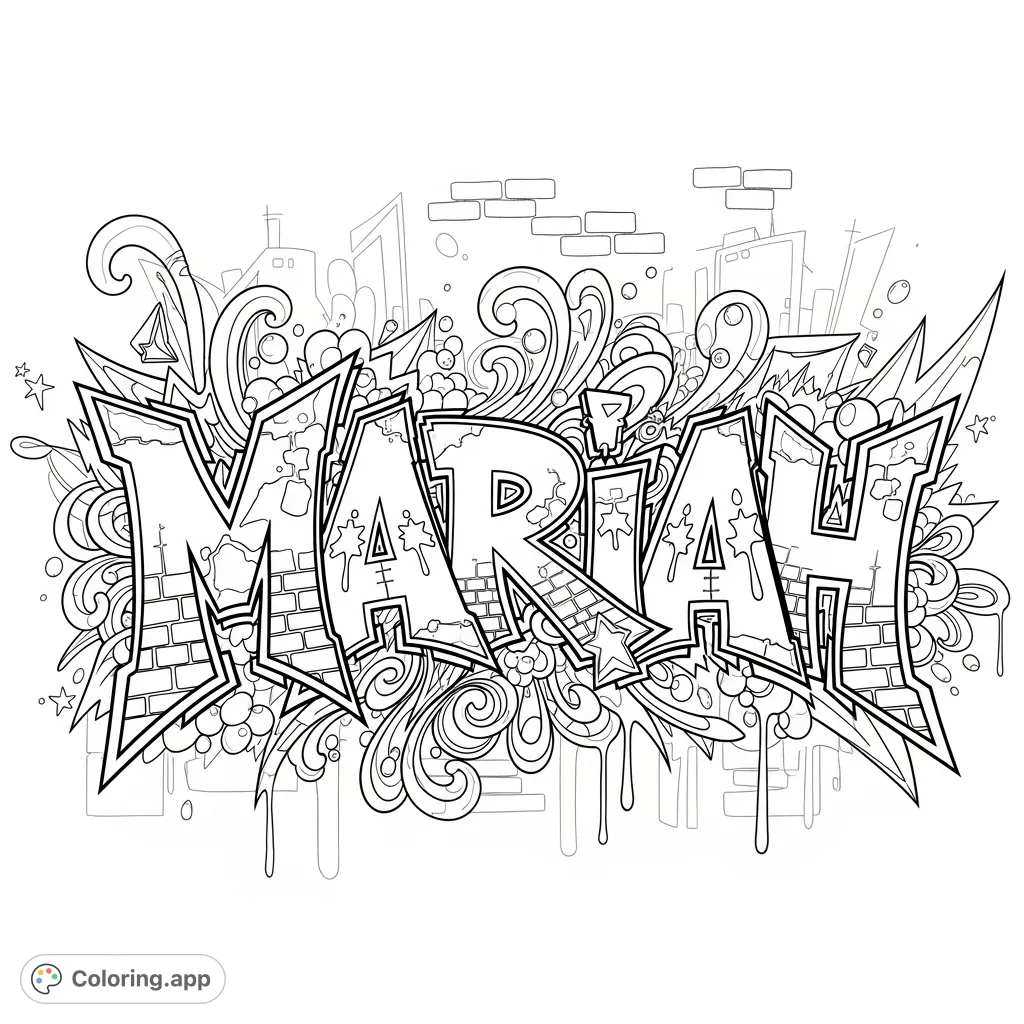 A dynamic "Mariah" graffiti coloring page, bursting with intricate details, urban textures, and a vibrant street art aesthetic for creative expression.