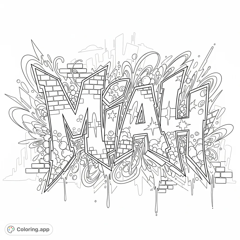 An elaborate graffiti-style coloring page featuring the name "Miah" with dynamic letterforms, intricate patterns, urban textures, and a street art aesthetic.