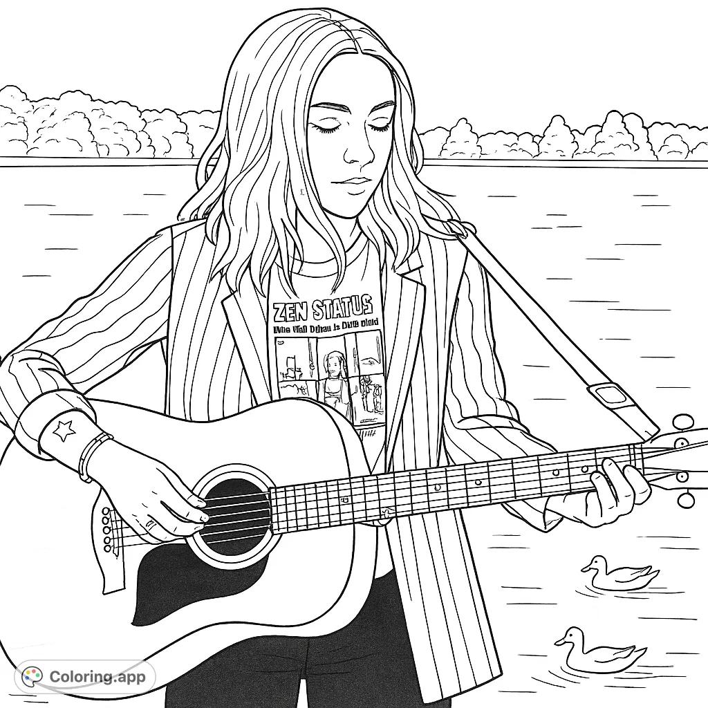 Color a serene scene of a musician playing an acoustic guitar by a tranquil lake, surrounded by nature. Perfect for music lovers and creative minds.