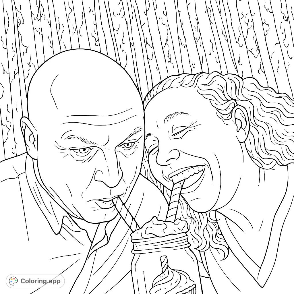 A joyful couple shares a delightful drink with two straws, capturing a moment of connection and fun. Perfect for a relaxing coloring experience.