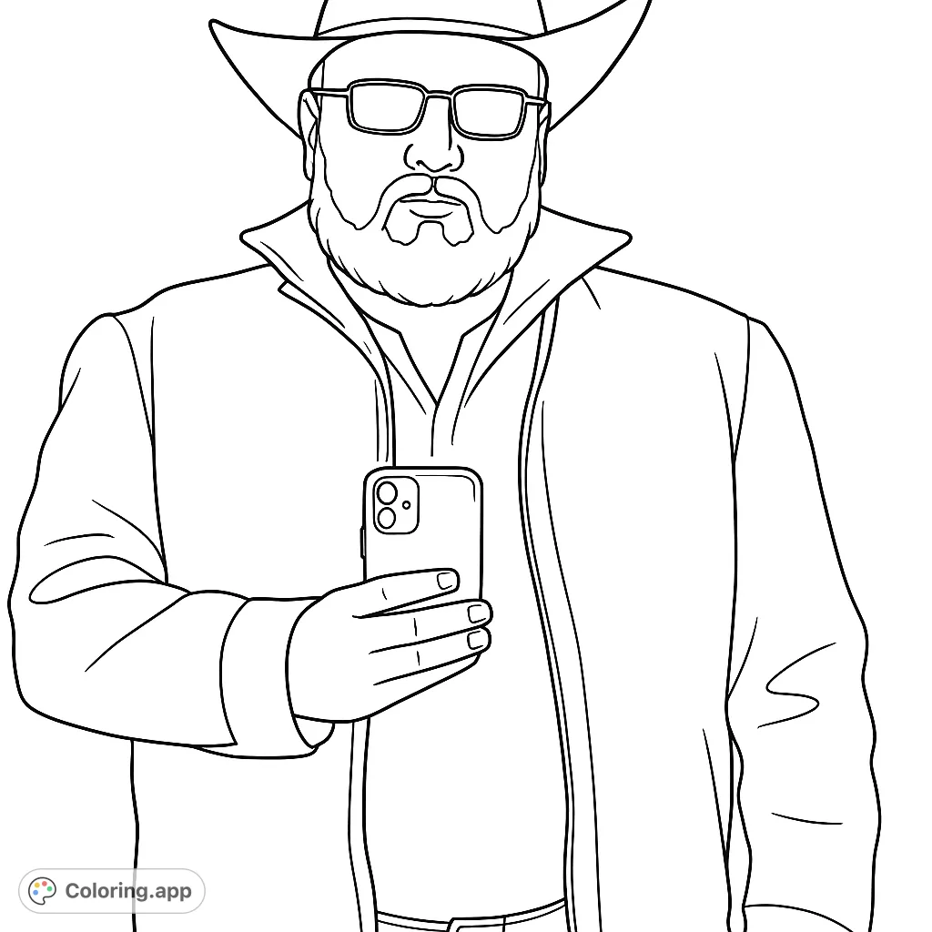 Color a cool character wearing a cowboy hat, sunglasses, and a jacket, holding a smartphone. Perfect for a modern western coloring page.