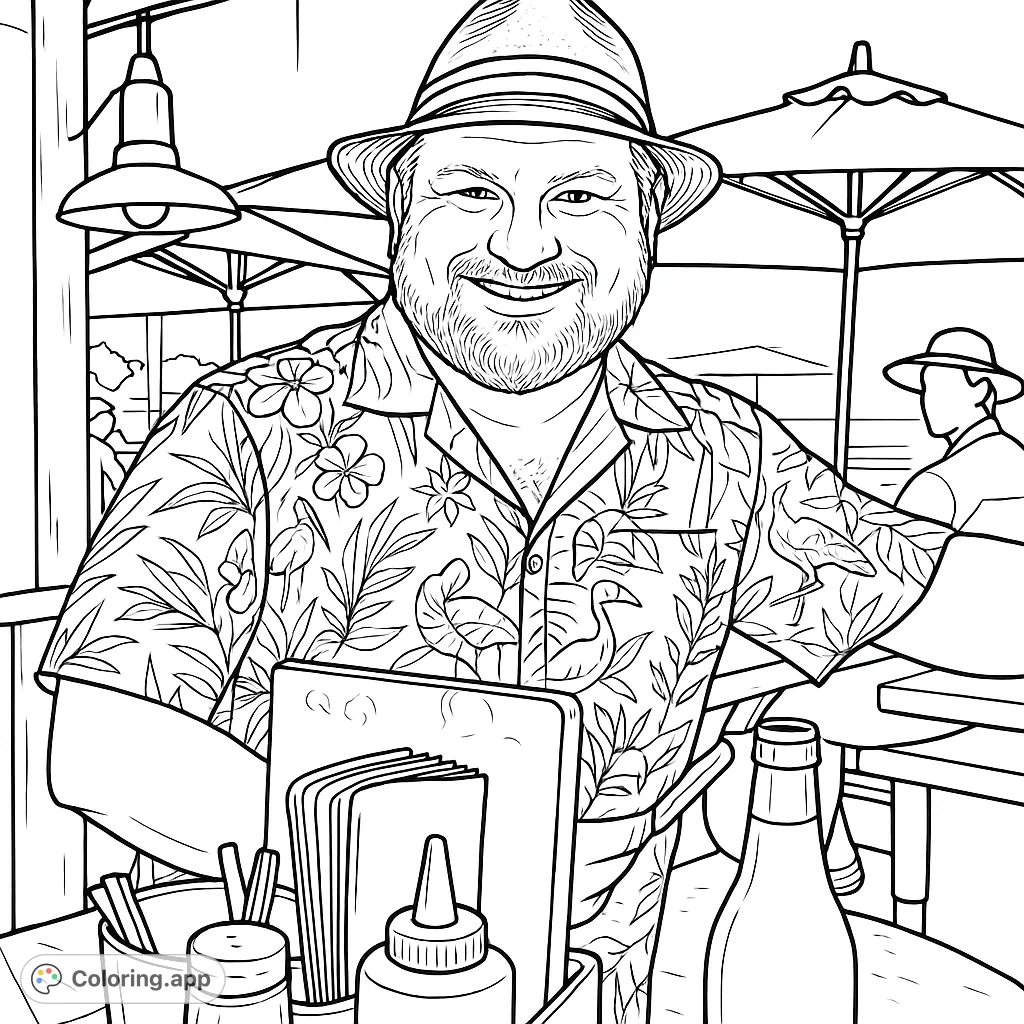A cheerful man in a straw hat and tropical shirt smiles at an outdoor cafe. Perfect for a relaxing coloring experience, capturing a laid-back vibe.
