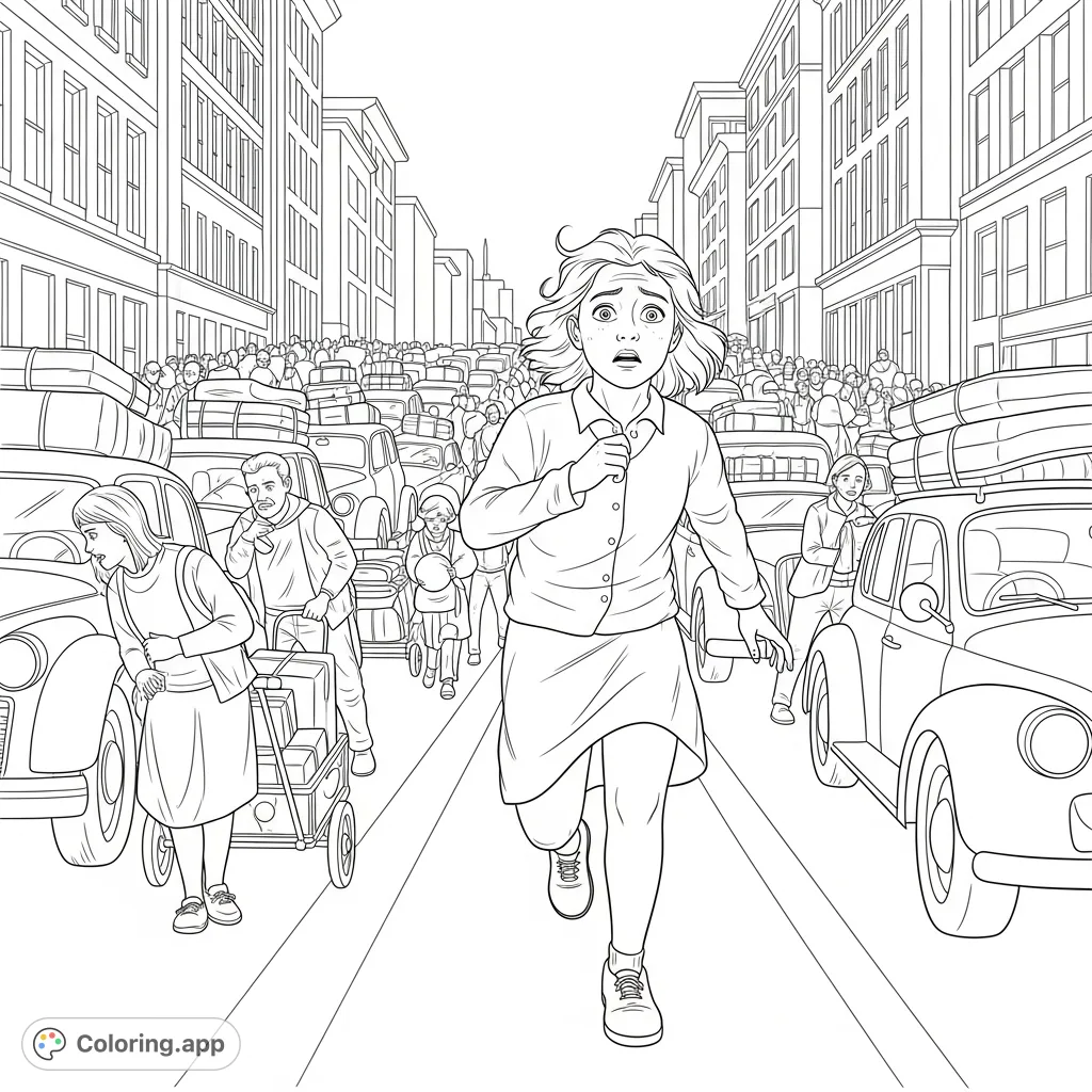 A poignant scene of a young girl fleeing a city during wartime, amidst crowded streets and vehicles laden with belongings, capturing a moment of historical evacuation.