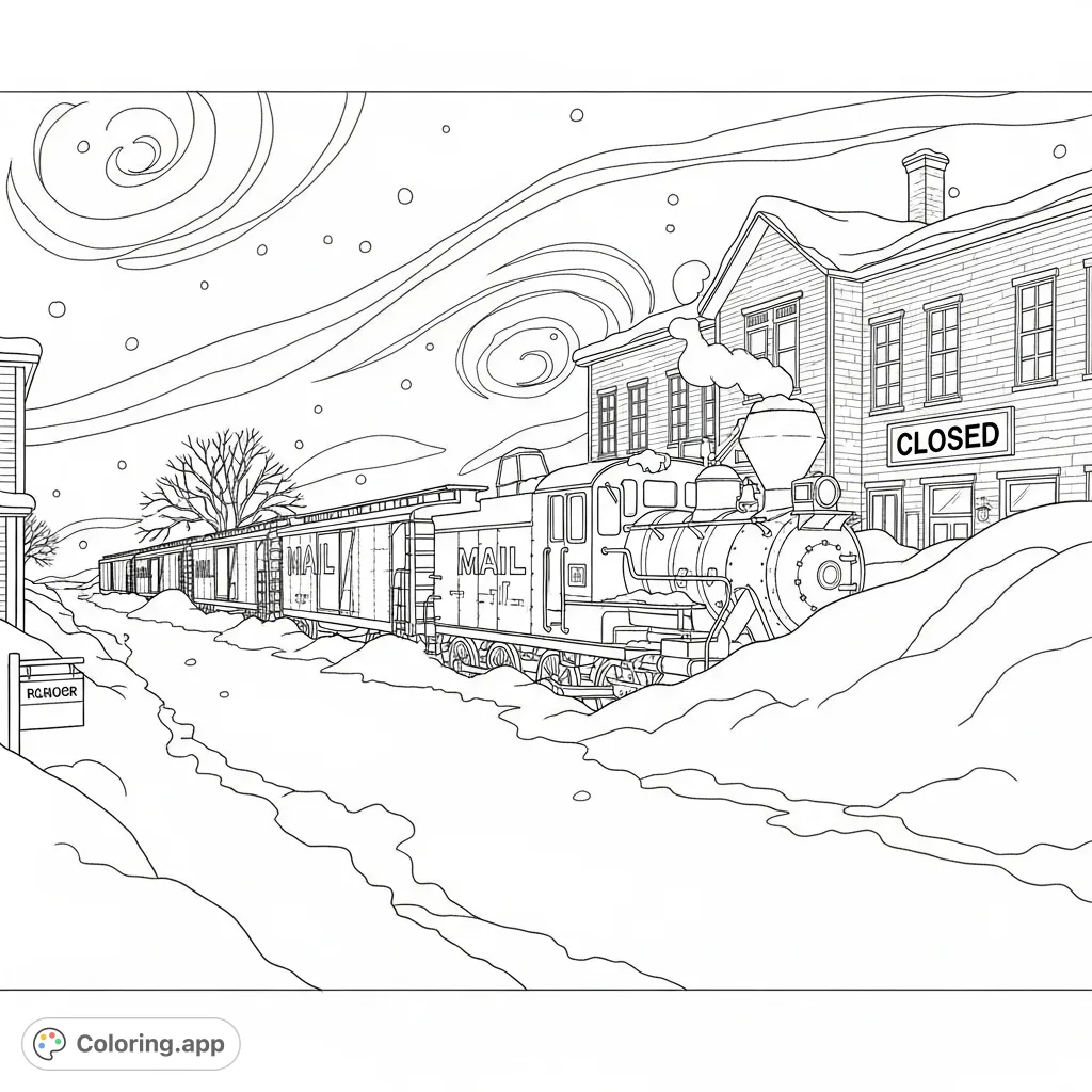 Explore a snowy scene in Honey Brook with a mail train stuck in deep drifts and a closed school. A fun blizzard coloring page for kids.