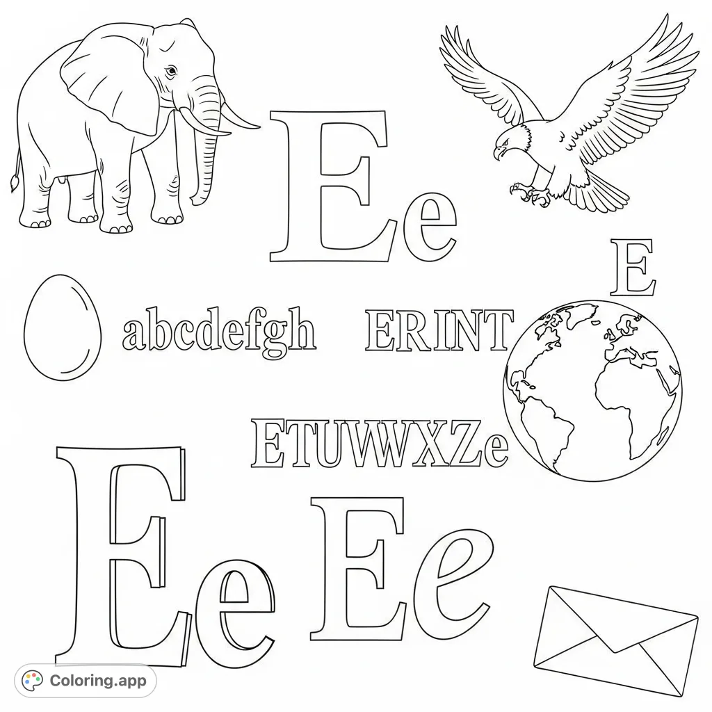 An educational Ee coloring page featuring upper/lower case print and cursive letters, surrounded by recognizable examples like elephant, eagle, and Earth.