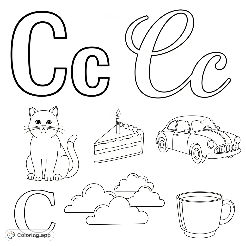 Discover the letter C with engaging print and cursive examples, alongside five fun objects starting with C. Perfect for early learning and creative coloring!