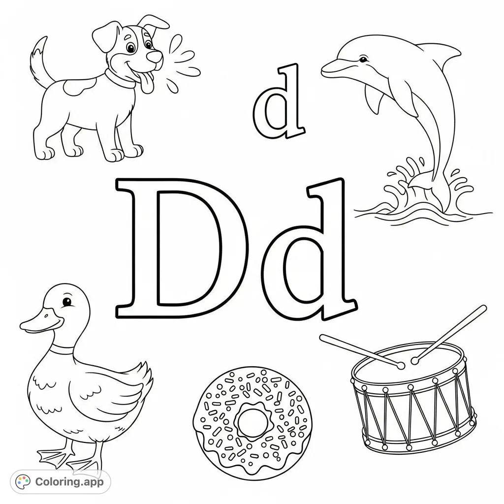 Explore the letter Dd with this engaging coloring page! Features print and cursive forms, plus five delightful examples: dog, duck, dolphin, drum, and donut.