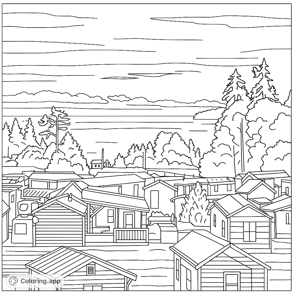Explore a detailed coastal village coloring page, featuring charming houses, dense forests, and a serene body of water under a cloud-filled sky.