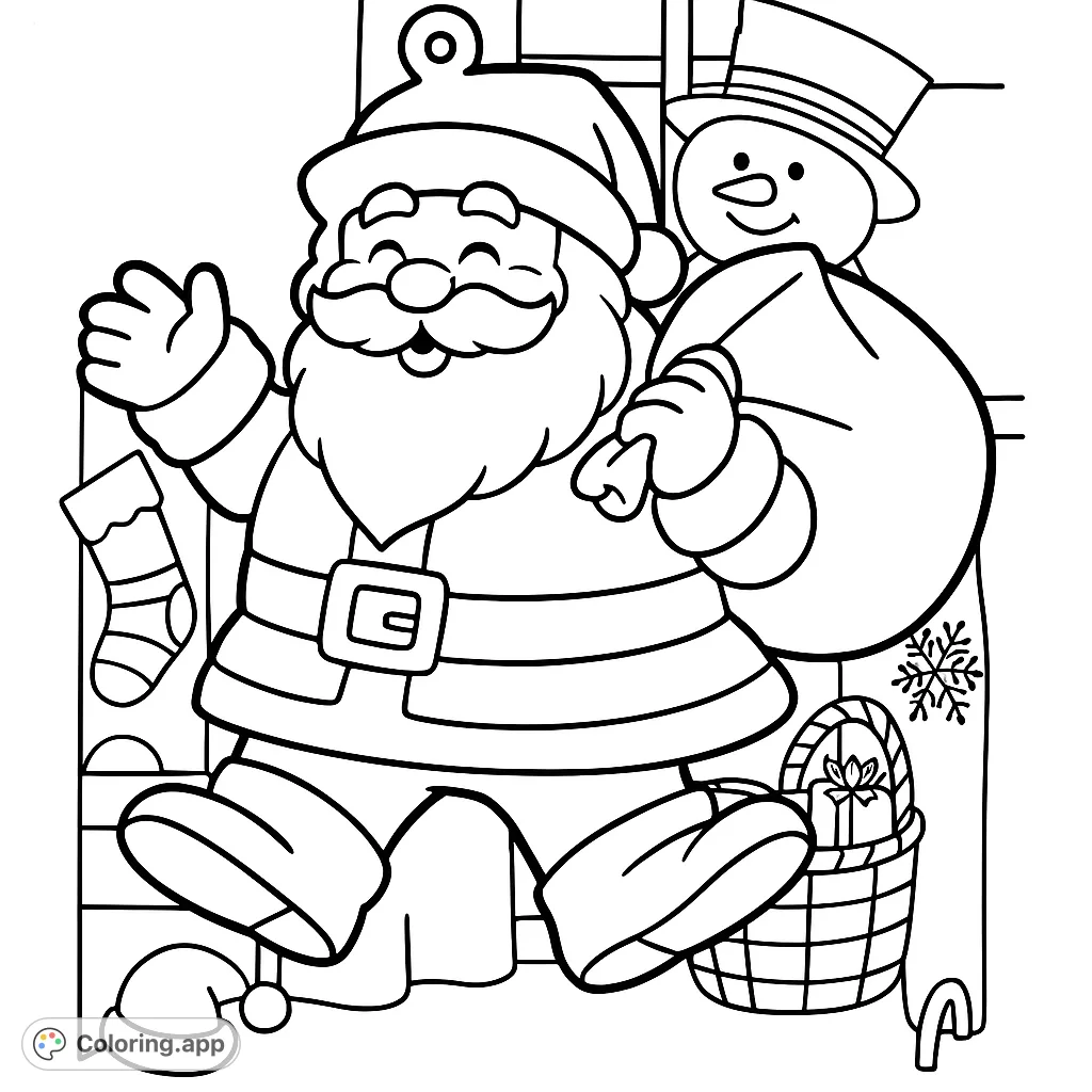A cheerful Santa Claus figure, waving and carrying a sack of gifts, ready for festive coloring fun. Perfect for holiday decorations and seasonal joy.
