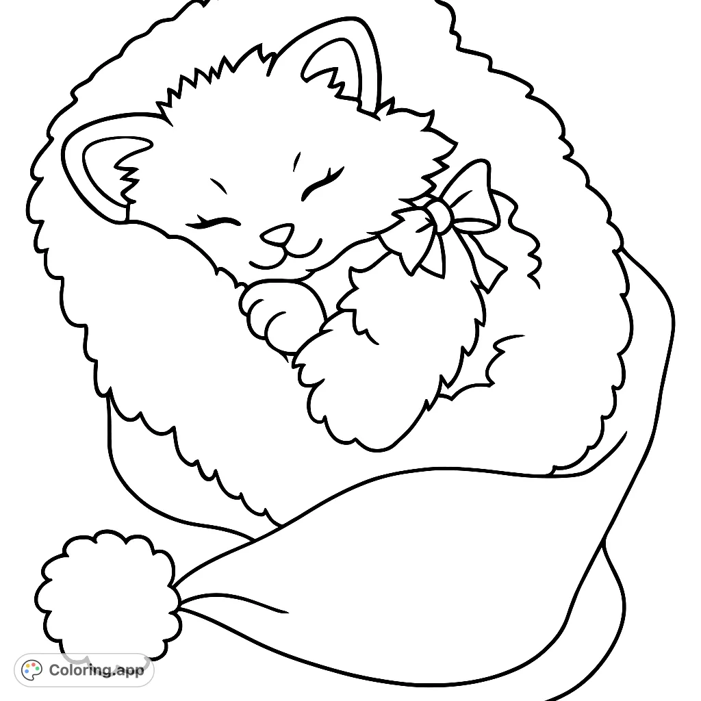 A sweet, fluffy kitten sleeps soundly in a cozy Santa hat, perfect for a festive coloring page. Bring this adorable scene to life with your favorite hues!