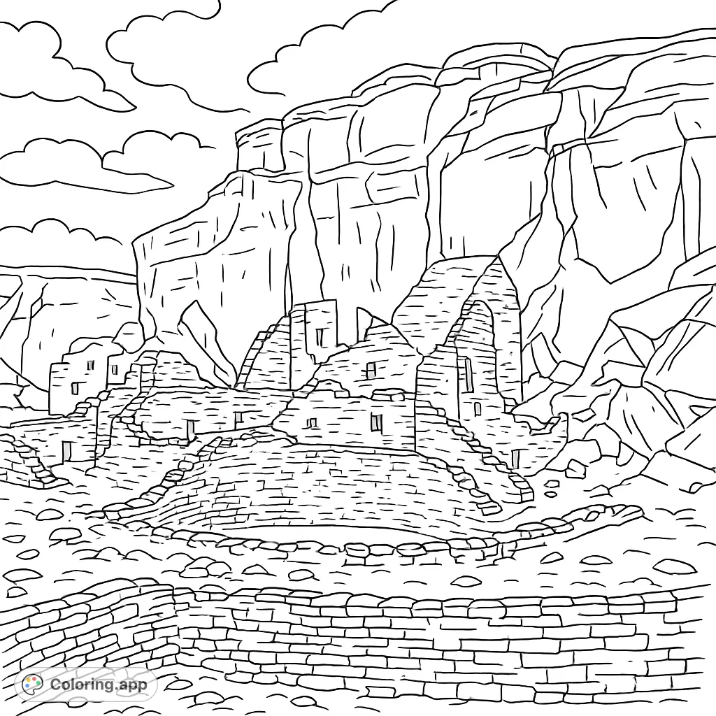 Explore an intricate ancient pueblo cliff dwellings coloring page, featuring detailed stone architecture nestled against a majestic, textured rock face under a vast sky.