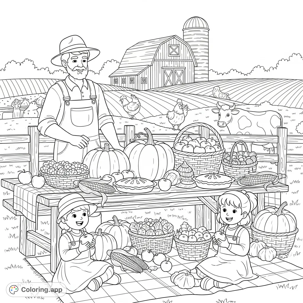 Celebrate farm life with this delightful coloring page featuring farm people, abundant food, and cheerful animals. A perfect free printable farm coloring page!