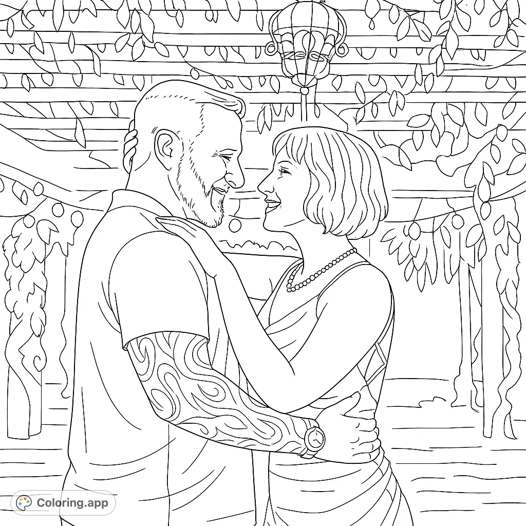 Capture a tender moment with this romantic couple embracing under a canopy of glowing lights and lush foliage. A perfect scene for love and connection.