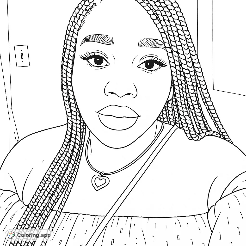 Capture the elegance of a woman with intricate braids and a charming heart pendant. A detailed portrait offering a delightful coloring experience.