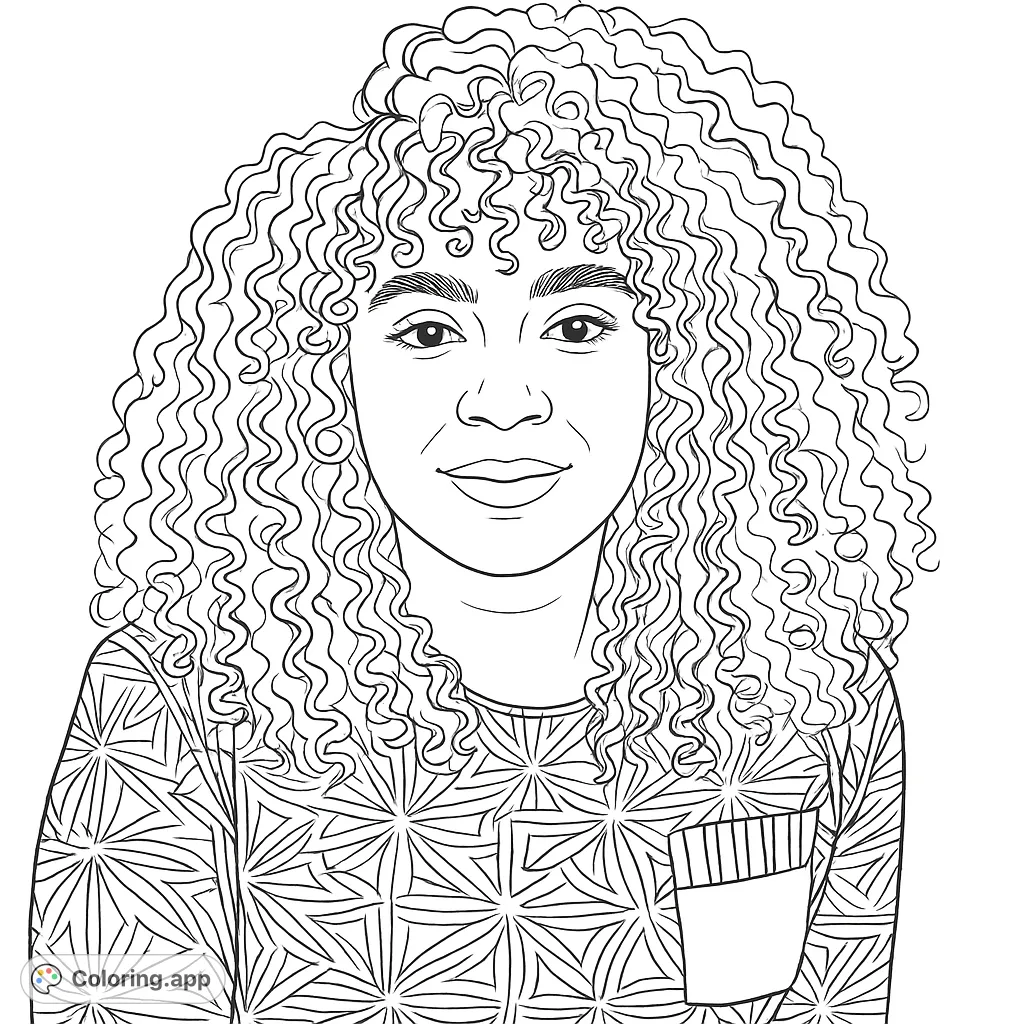 Explore intricate curls and geometric patterns on this captivating portrait coloring page. A stylish woman awaits your creative touch.