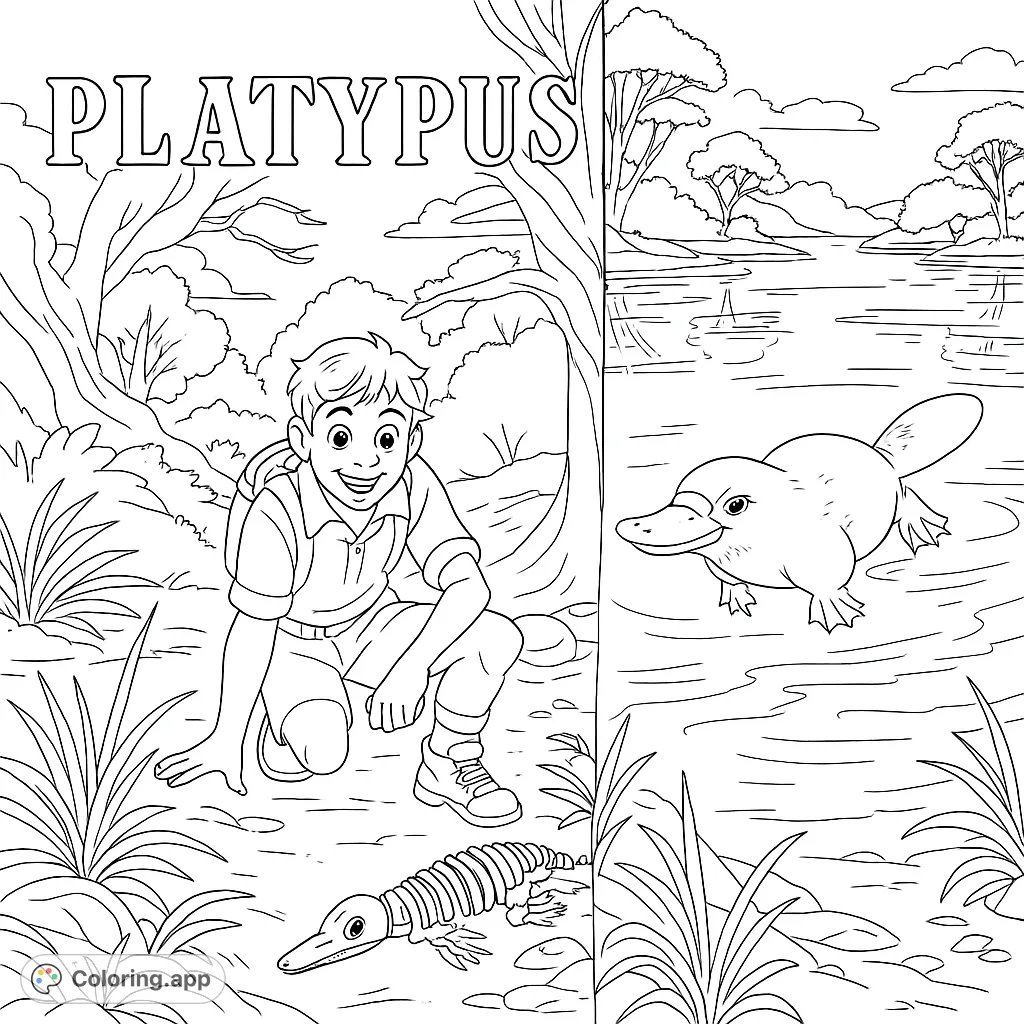 Explore a unique platypus discovery! A curious boy finds a fossil while a platypus swims in its natural habitat. Perfect for nature and animal lovers.